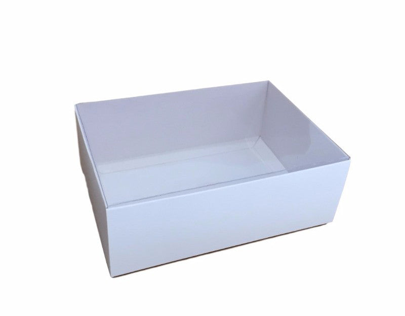 100 Pack of White Card Box - Clear Slide On Lid - 25 x 25 x 6cm - Large Beauty Product Gift Giving Hamper Tray Merch Fashion Cake Sweets Xmas