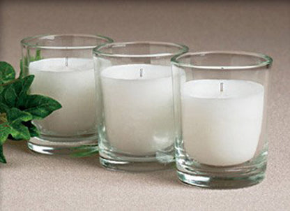 20 White Wax Clear Glass Holder Votive Candle - Wedding Event Centrepiece Table Decoration