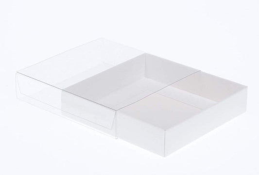 50 Pack of 10cm Square Invitation Coaster Favor Function product Presentation Cookie Biscuit Patisserie Gift Box - 4cm deep - White Card with Clear Slide On PVC Lid