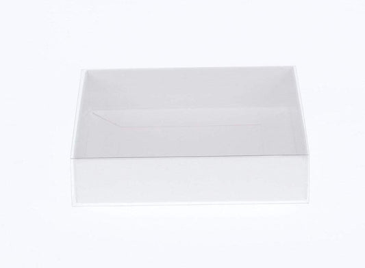 50 Pack of 8cm Square Wedding Invitation Coaster Favor Function product Presentation Cookie Biscuit Patisserie Gift Box - 2cm deep - White Card with Clear Slide On PVC Lid