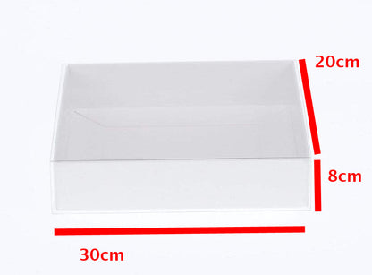 50 Pack of White Card Box - Clear Slide On Lid - 30 x 20 x 8cm -  Large Beauty Product Gift Giving Hamper Tray Merch Fashion Cake Sweets Xmas