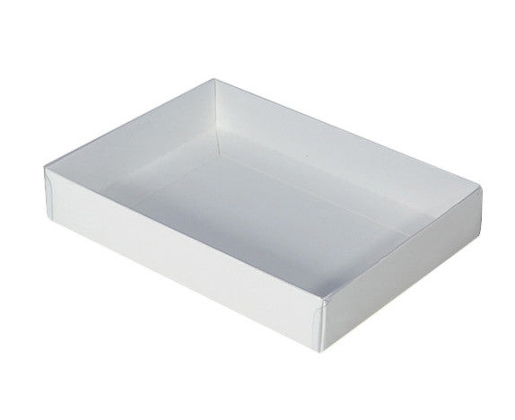 50 Pack of White Card Box - Clear Slide On Lid - 30 x 20 x 8cm -  Large Beauty Product Gift Giving Hamper Tray Merch Fashion Cake Sweets Xmas