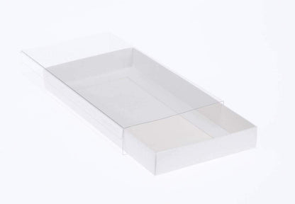 50 Pack of White Card Box - Clear Slide On Lid - 30 x 20 x 8cm -  Large Beauty Product Gift Giving Hamper Tray Merch Fashion Cake Sweets Xmas