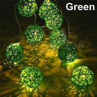 1 Set of Green 5cm Rattan Cane 20 Ball Battery Powered 3m String Lights Christmas Gift Home Wedding Party Bedroom Decoration Table Centrepiece