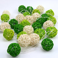 1 Set of Green n White 5cm Rattan Cane 20 Ball Battery Powered 3m String Lights Christmas Gift Home Wedding Party Bedroom Decoration Table Centrepiece
