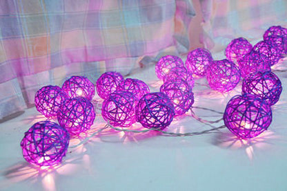 1 Set of 20 LED Cassis Purple 5cm Rattan Cane Ball Battery Powered String Lights Christmas Gift Home Wedding Party Bedroom Decoration Table Centrepiece