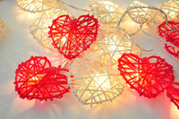 20 Red and White 3D Hollowed Rattan Heart-Shaped 3M String Fairy Lights, Battery (AA) Indoor & Outdoor Decorations Wedding Valentines Romantic Room Table Lighting