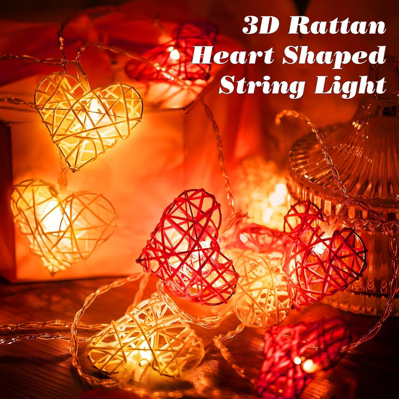 20 Red and White 3D Hollowed Rattan Heart-Shaped 3M String Fairy Lights, Battery (AA) Indoor & Outdoor Decorations Wedding Valentines Romantic Room Table Lighting