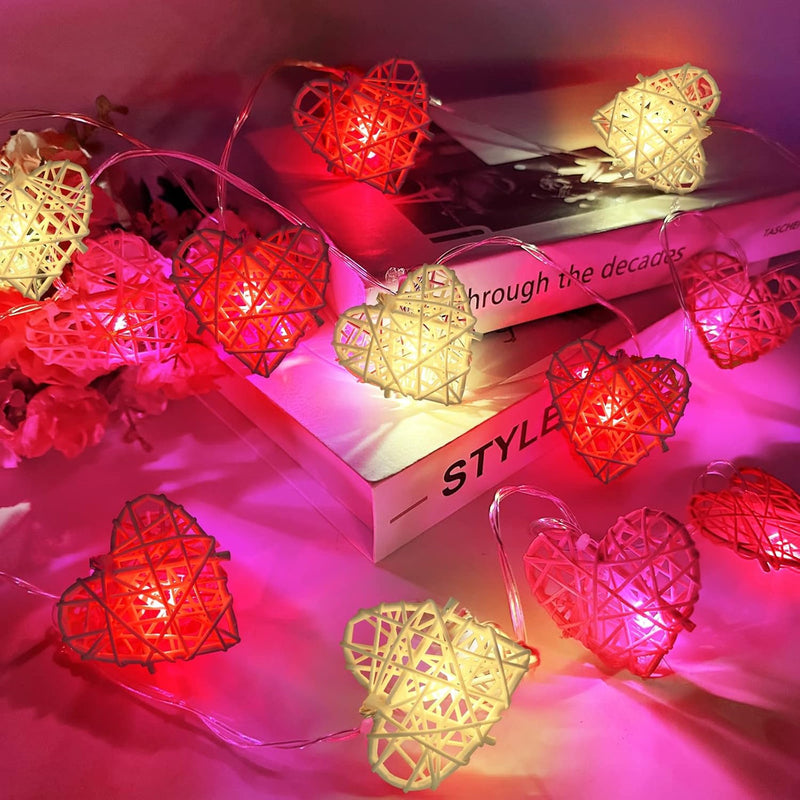 20 Red and White 3D Hollowed Rattan Heart-Shaped 3M String Fairy Lights, Battery (AA) Indoor & Outdoor Decorations Wedding Valentines Romantic Room Table Lighting