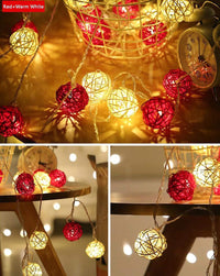 1 Set of Red and White5cm Rattan Cane 20 Ball Battery Powered 3m String Lights Christmas Gift Home Wedding Party Bedroom Decoration Table Centrepiece