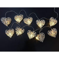 20 White 3D Hollowed Rattan Heart-Shaped 3M String Fairy Lights, Battery (AA) Indoor & Outdoor Decorations Wedding Valentines Romantic Room Table Lighting