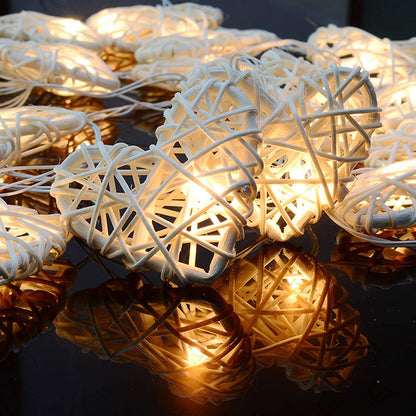 20 White 3D Hollowed Rattan Heart-Shaped 3M String Fairy Lights, Battery (AA) Indoor & Outdoor Decorations Wedding Valentines Romantic Room Table Lighting