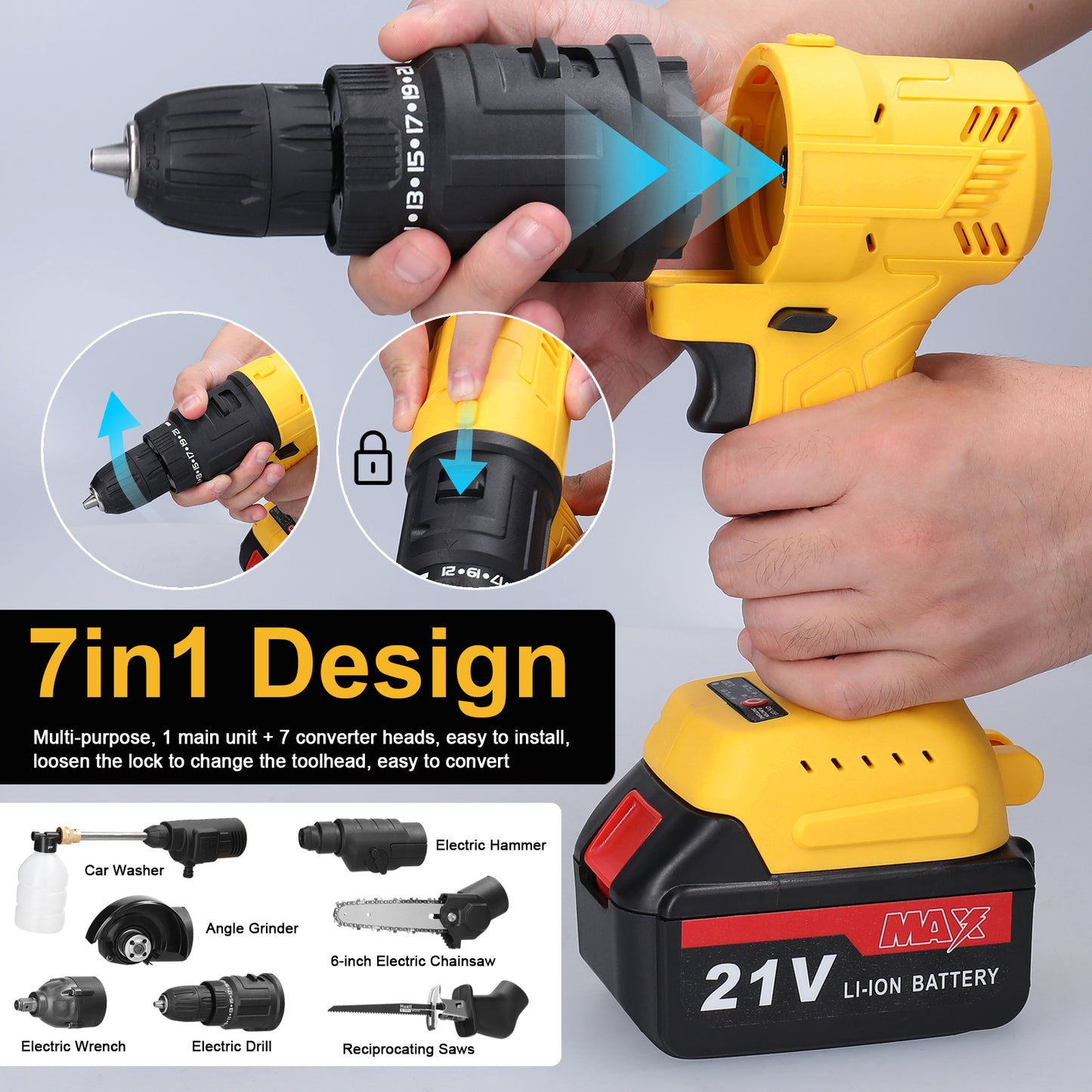 7in1 Multi-function Rechargeable Li-ion Electric Machine Set Electric Hammer Drill Chainsaw Conversion Tool Set Power Tool Kit