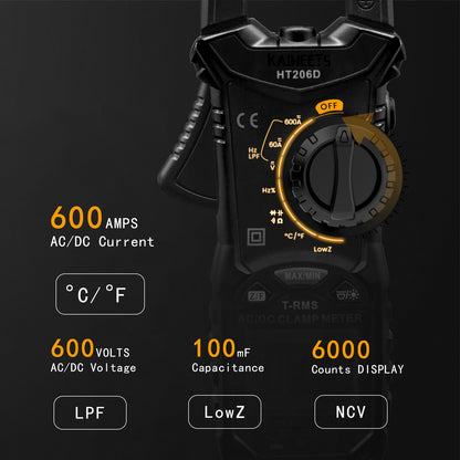 KAIWEETS HT206D Digital Clamp Meter T-RMS 6000 Counts, Multimeter Voltage Tester Auto-ranging, Measures Current Voltage Temperature Capacitance Resistance Diodes Continuity Duty-Cycle (AC/DC Current)