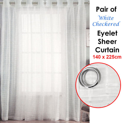 Pair of White Checkered Eyelet Sheer Curtains 140 x 225cm