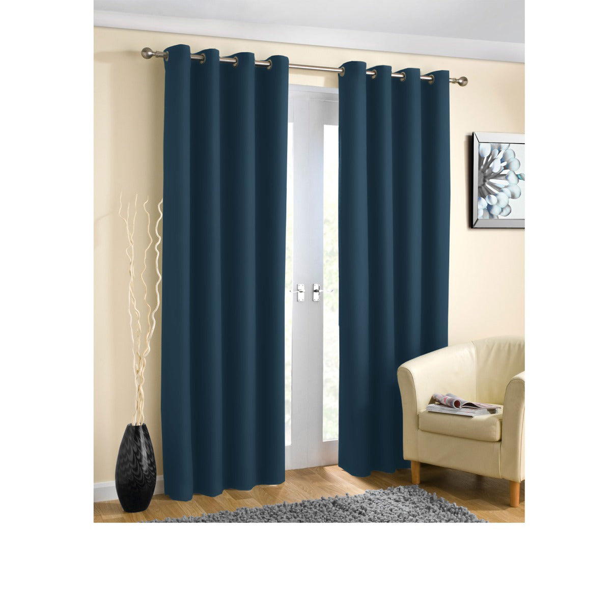 Pair of Blockout Plain Eyelet Curtains Navy