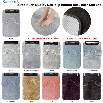 2 Pce Sorrento Plush Quality Non-slip Rubber Back Bath Mat Set Taupe