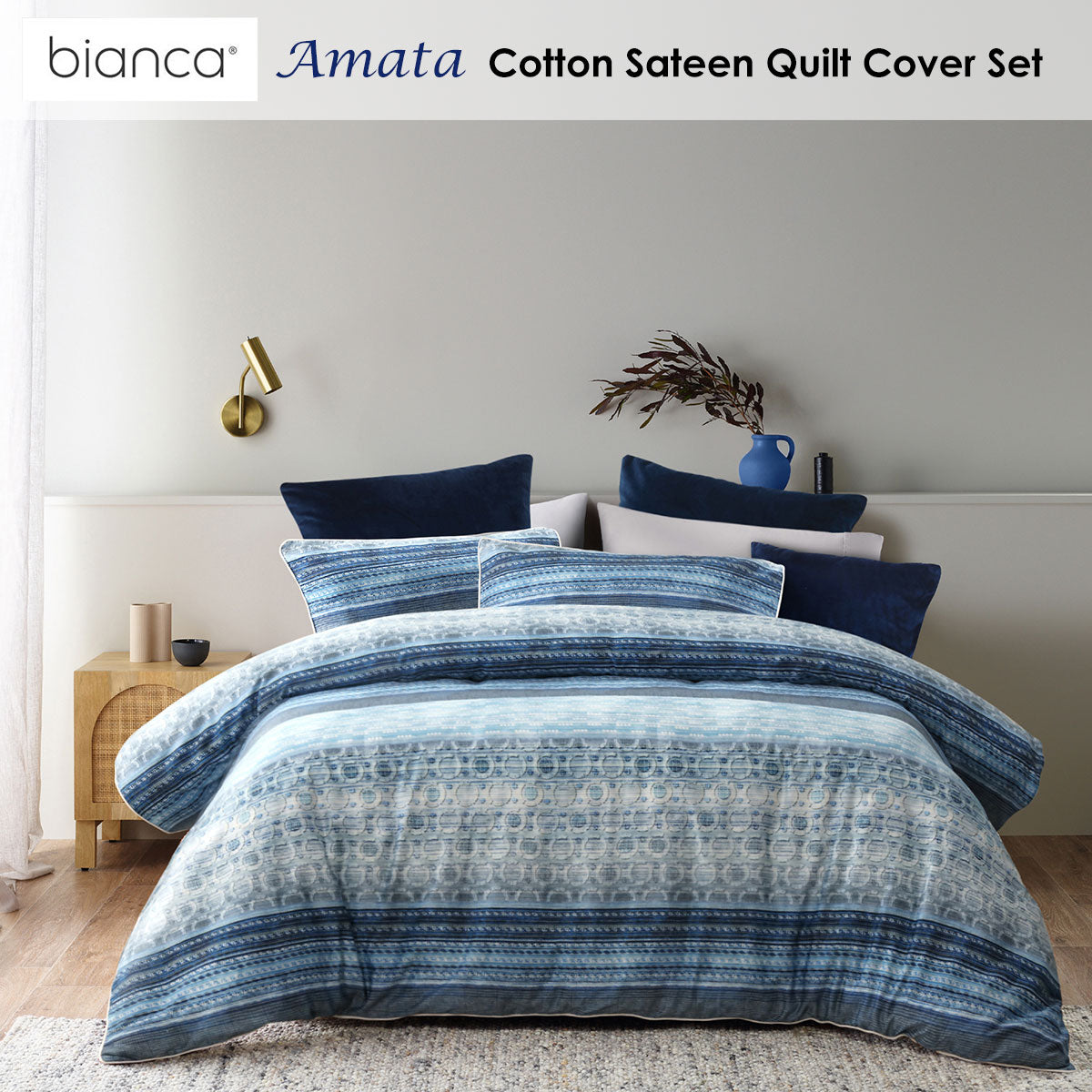 Bianca Amata Blue Cotton Sateen Quilt Cover Set Queen