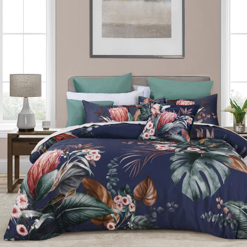 Bianca Balwyn Navy Cotton Sateen Botanical Quilt Cover Set Super King
