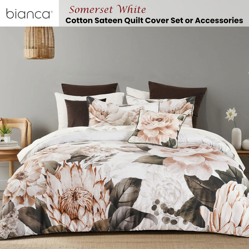 Bianca Somerset White Cotton Sateen Floral Quilt Cover Set Double
