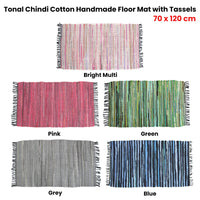 Tonal Chindi Cotton Handmade Floor Mat with Tassels 70 x 120 cm Blue