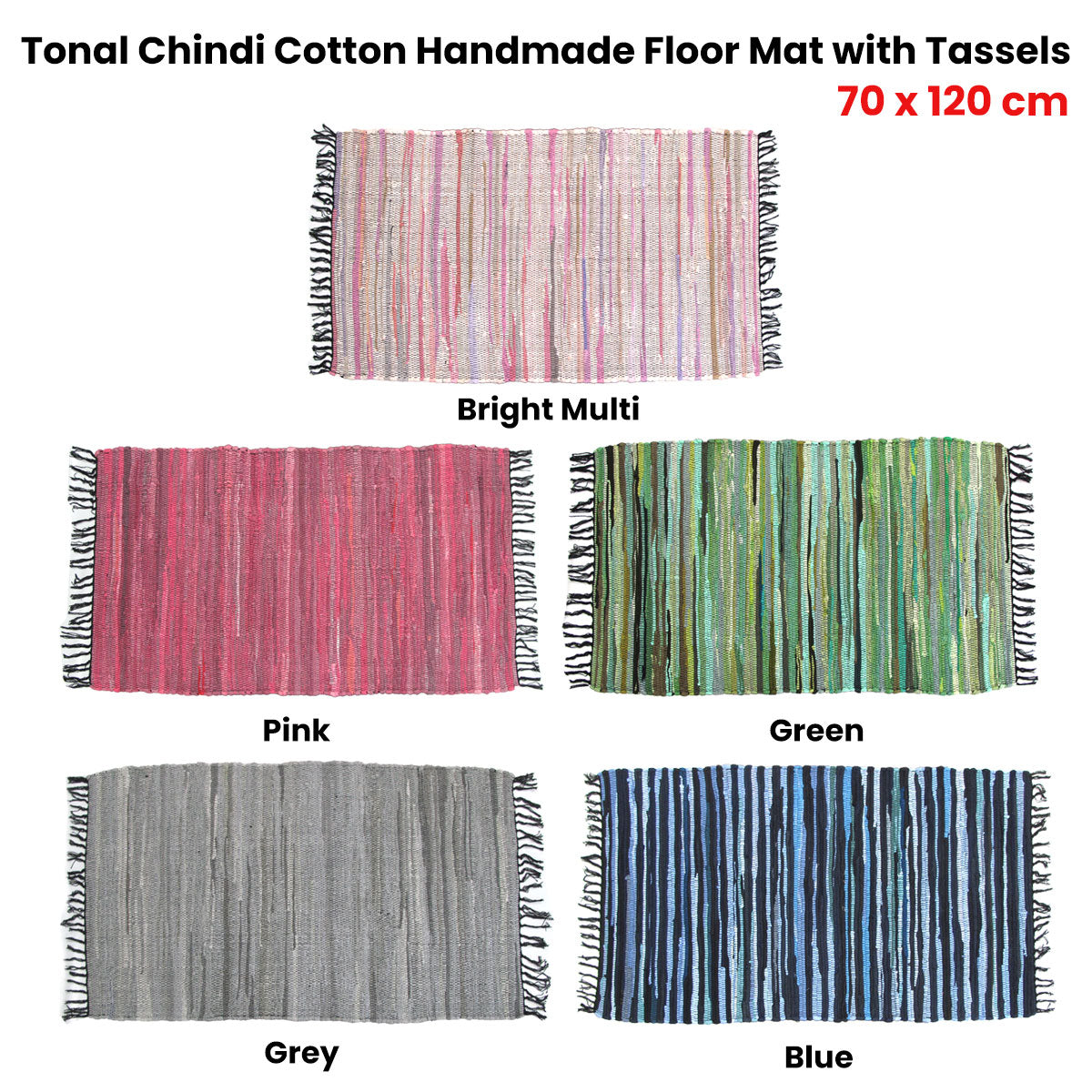 Tonal Chindi Cotton Handmade Floor Mat with Tassels 70 x 120 cm Green