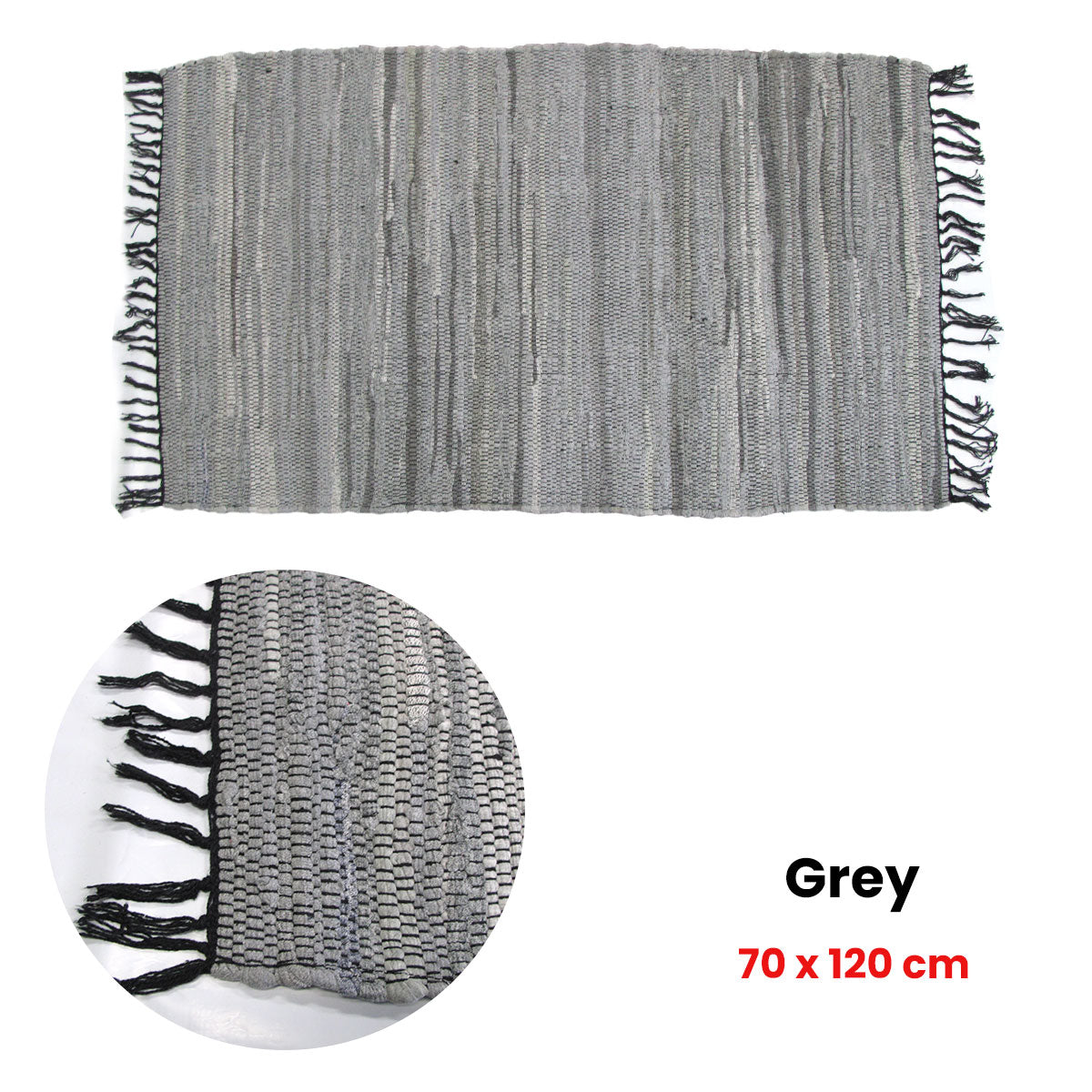 Tonal Chindi Cotton Handmade Floor Mat with Tassels 70 x 120 cm Grey