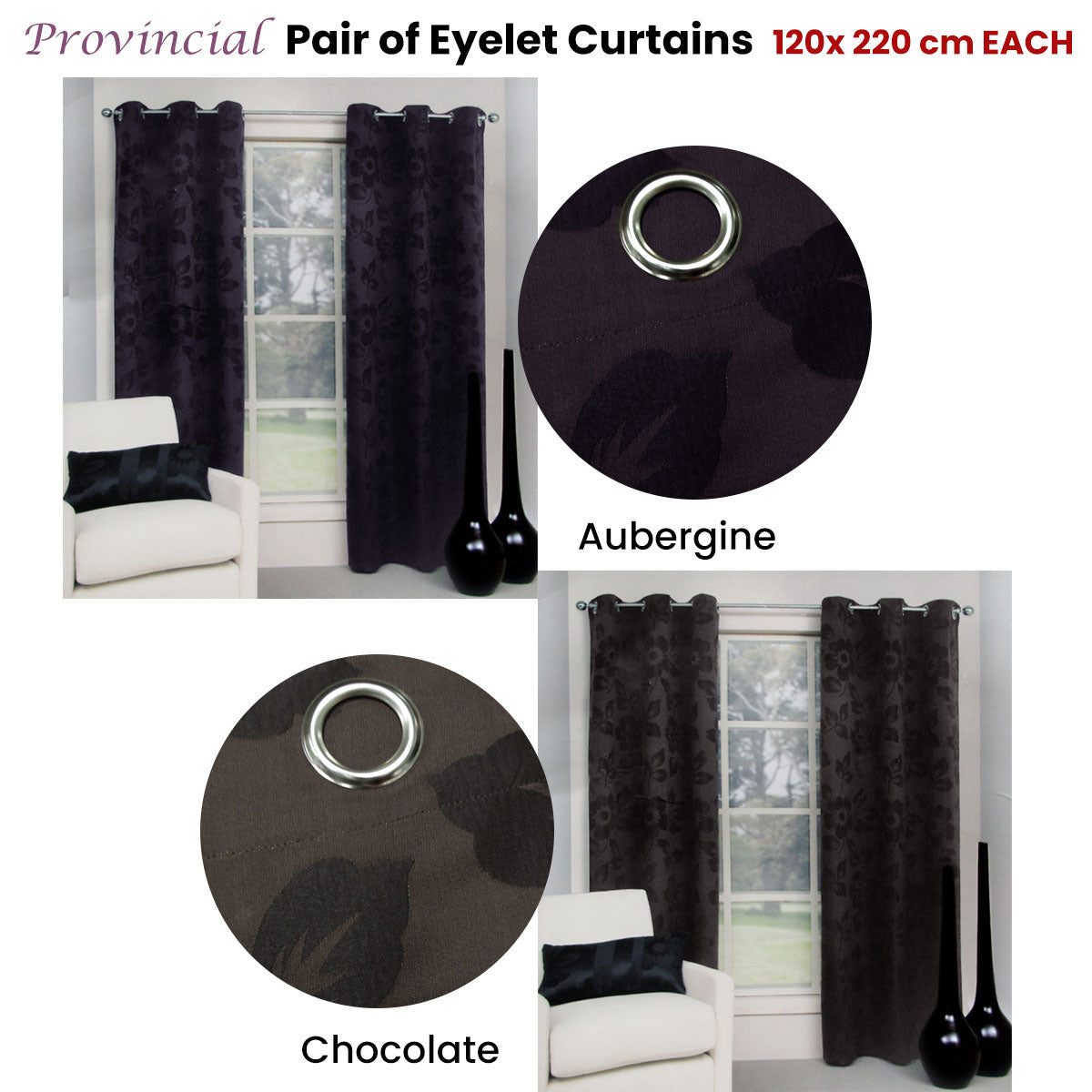 Belmondo Provincial Pair of Eyelet unlined Jacquard Curtains 120 x 220cm each Aubergine