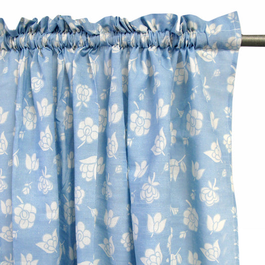 Pair of Polyester Cotton Rod Pocket Blue Flower Curtains