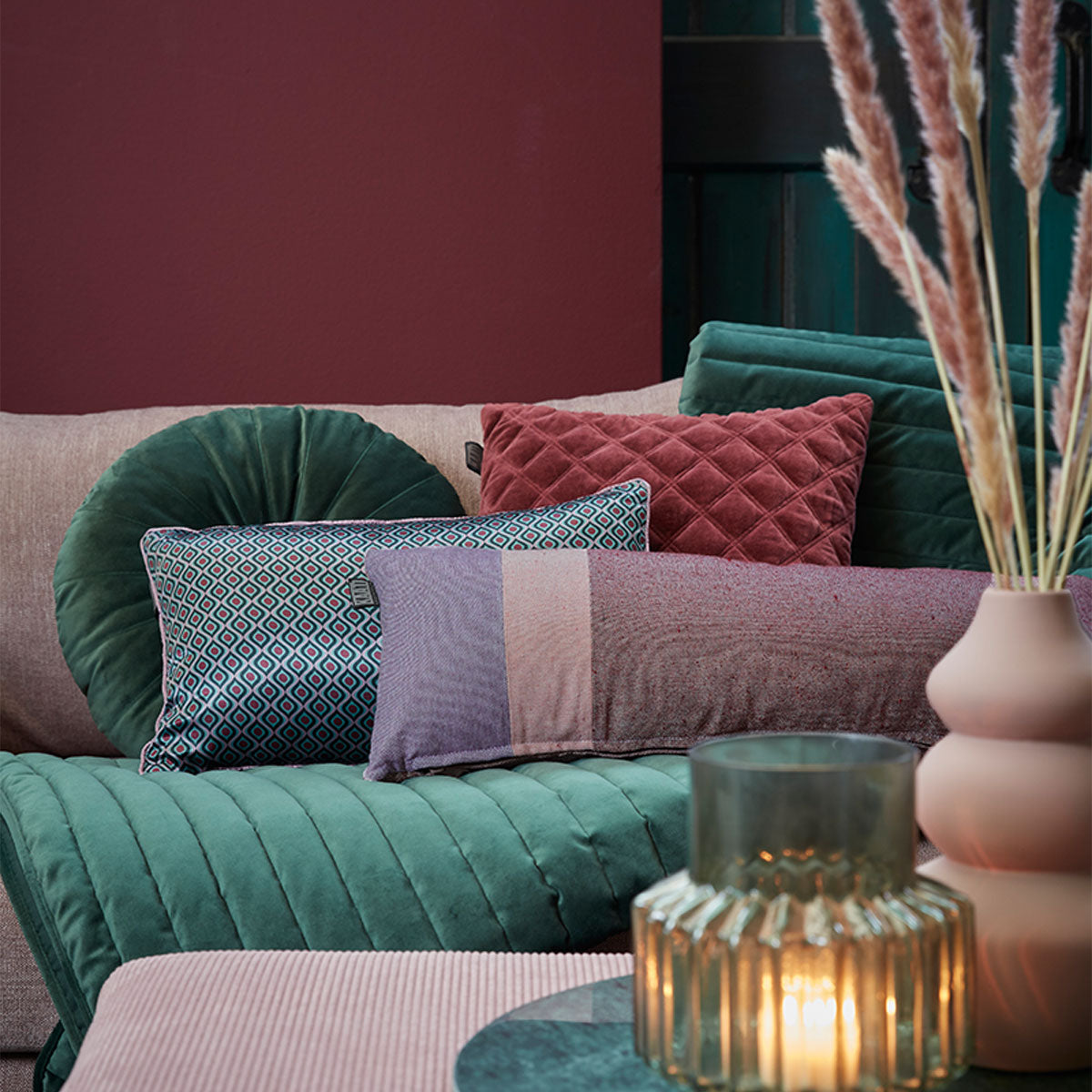 KAAT Amsterdam Meja Green Reversible Oblong Filled Cushion 30cm x 50cm