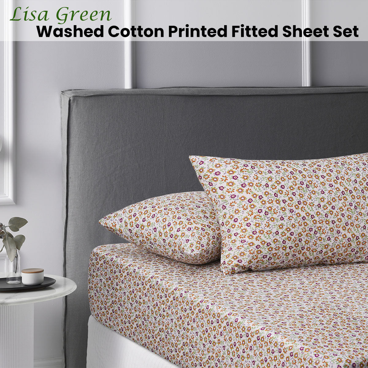 Accessorize Lisa Green Washed Cotton Printed Fitted Sheet Set King