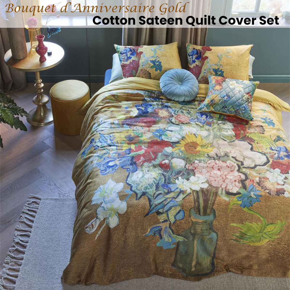 Bedding House Van Gogh Bouquet d'Anniversaire Gold Cotton Sateen Quilt Cover Set Super King