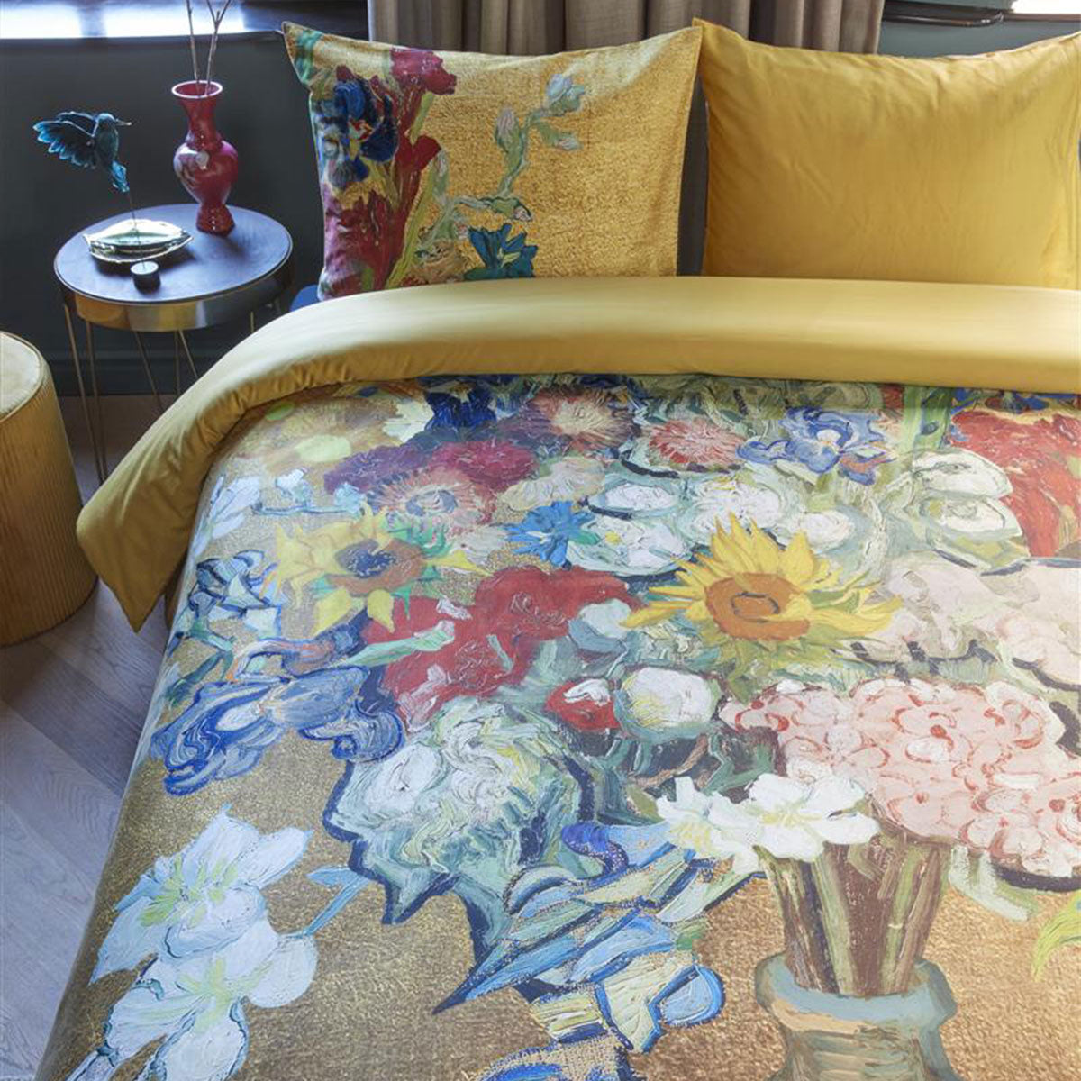 Bedding House Van Gogh Bouquet d'Anniversaire Gold Cotton Sateen Quilt Cover Set Super King