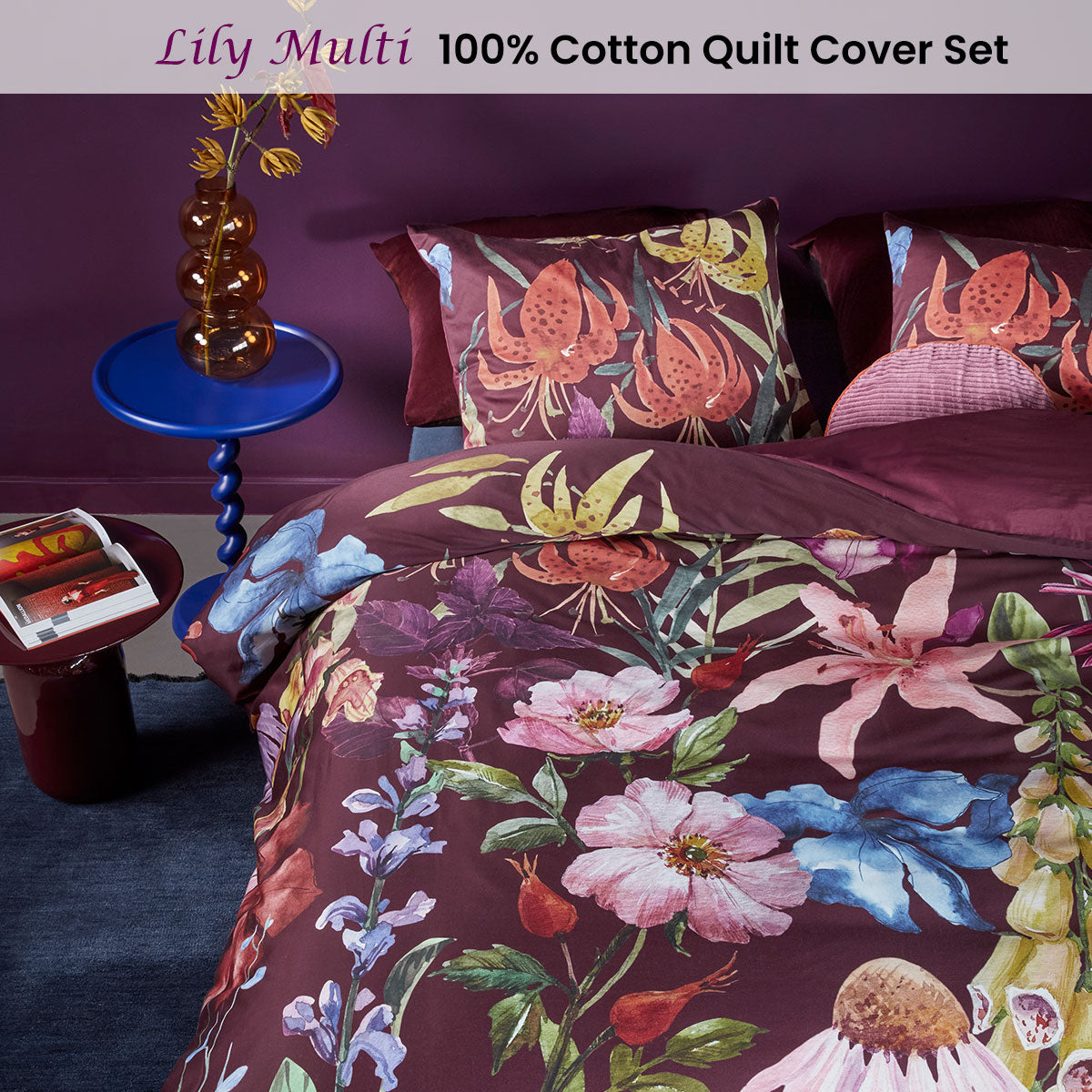Bedding House Lily Multi Cotton Floral Quilt Cover Set Queen