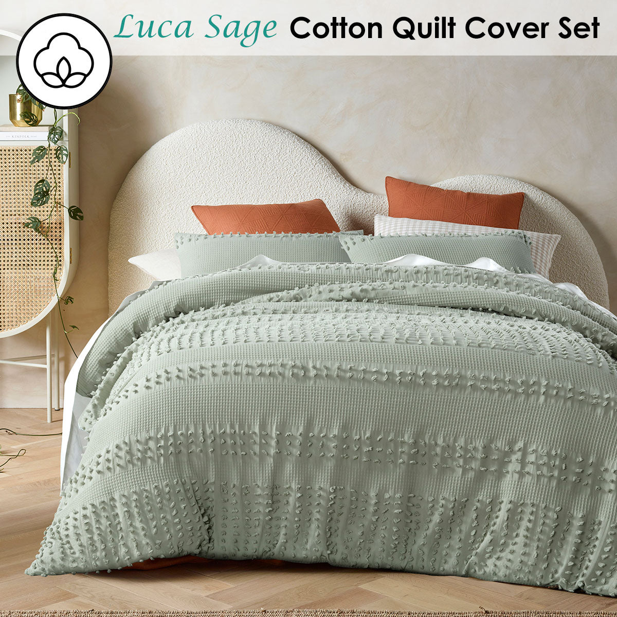 Vintage Design Homewares Luca Sage Cotton Quilt Cover Set King