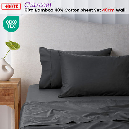 Accessorize 400TC Charcoal Bamboo Cotton Sheet Set 40cm Wall King Single