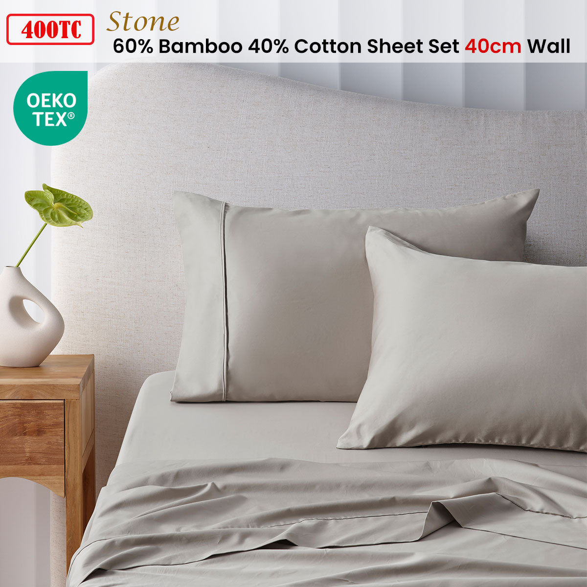 Accessorize 400TC Stone Bamboo Cotton Sheet Set 40cm Wall Queen