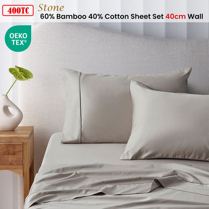 Accessorize 400TC Stone Bamboo Cotton Sheet Set 40cm Wall Single