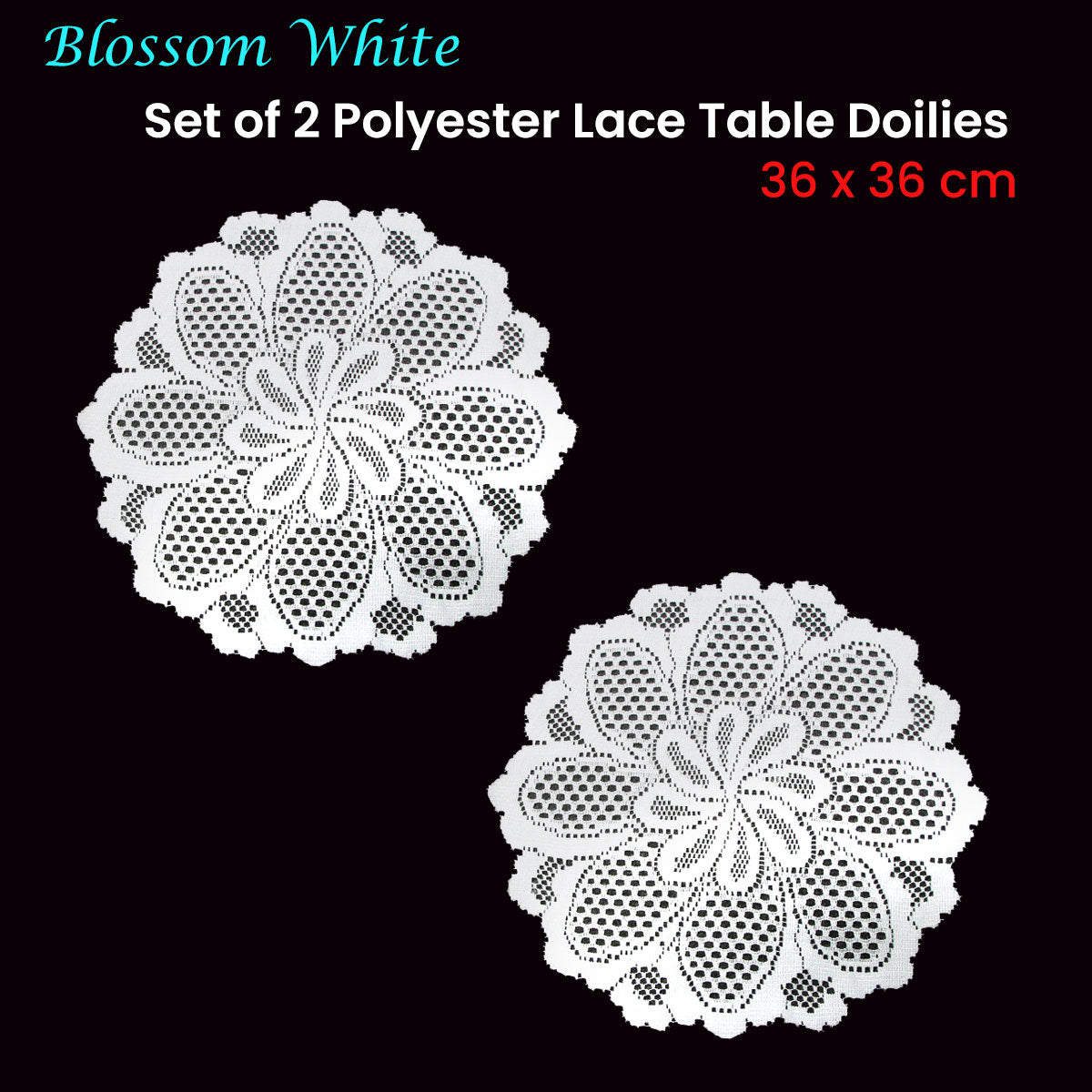 Blossom White Set of 2 Polyester Lace Table Doilies 36 cm Diameter