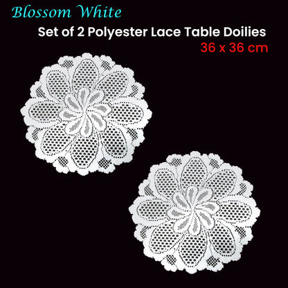 Blossom White Set of 2 Polyester Lace Table Doilies 36 cm Diameter