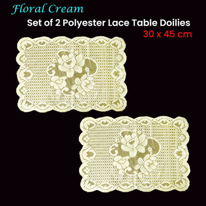 Floral Cream Set of 2 Polyester Lace Table Doilies 30 x 45 cm