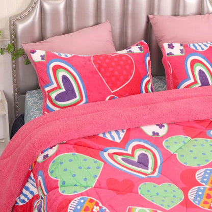 Ramesses Pink Heart Printed Sherpa Flannel Fleece Reversible Blanket Set Queen/King