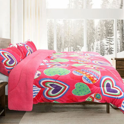 Ramesses Pink Heart Printed Sherpa Flannel Fleece Reversible Blanket Set Queen/King