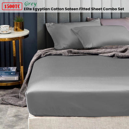 Ramesses 1500TC Elite Egyptian Cotton Sateen Fitted Sheet Combo Set Grey King Single