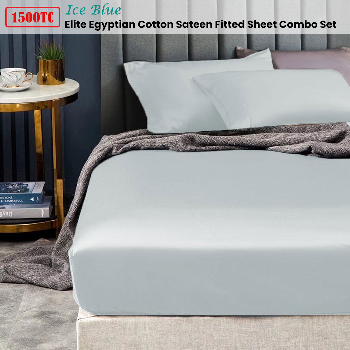 Ramesses 1500TC Elite Egyptian Cotton Sateen Fitted Sheet Combo Set Ice Blue Mega King