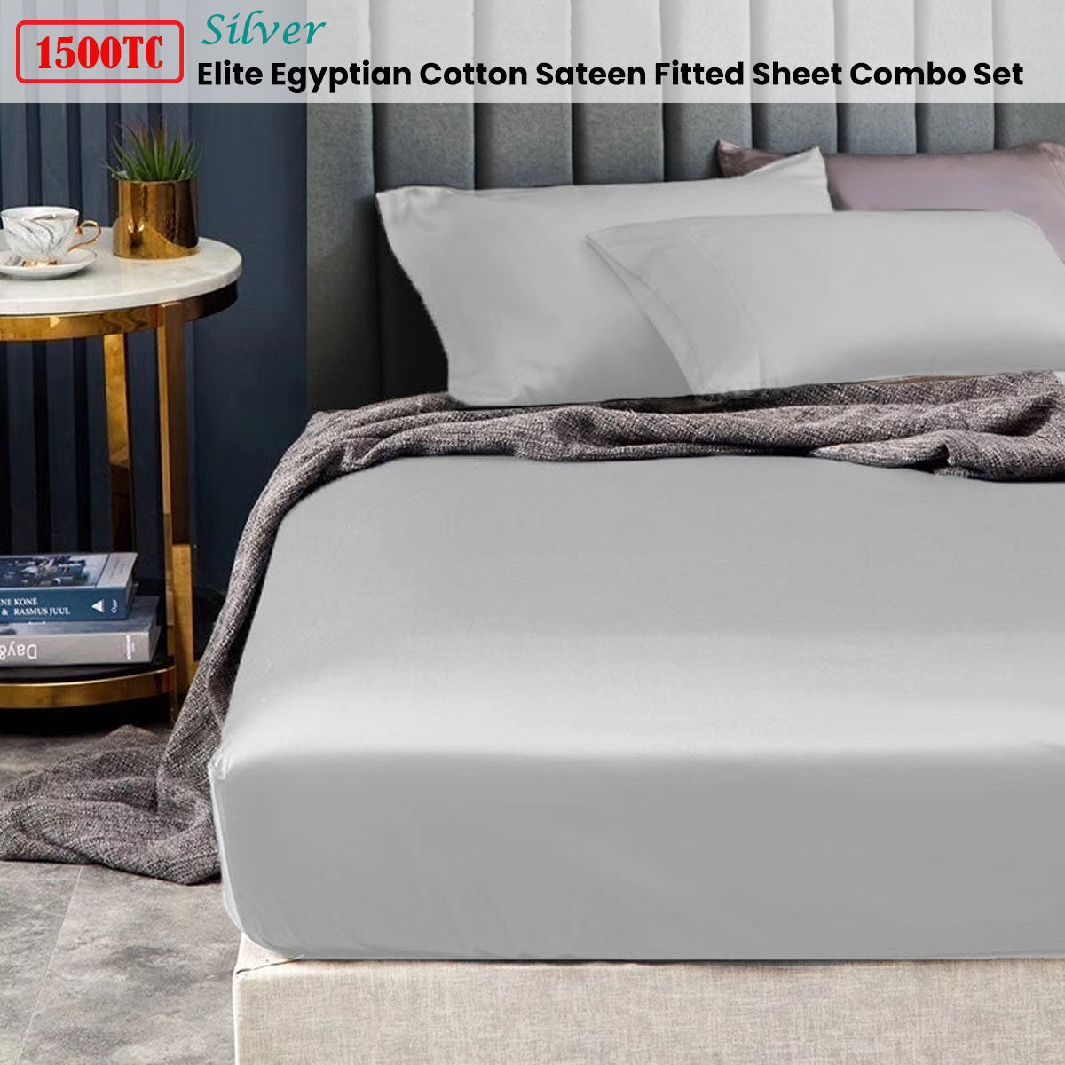 Ramesses 1500TC Elite Egyptian Cotton Sateen Fitted Sheet Combo Set Silver Queen