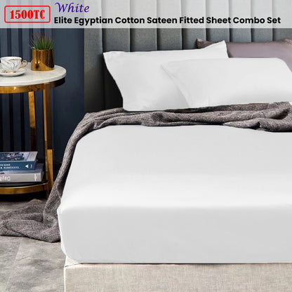 Ramesses 1500TC Elite Egyptian Cotton Sateen Fitted Sheet Combo Set White Single