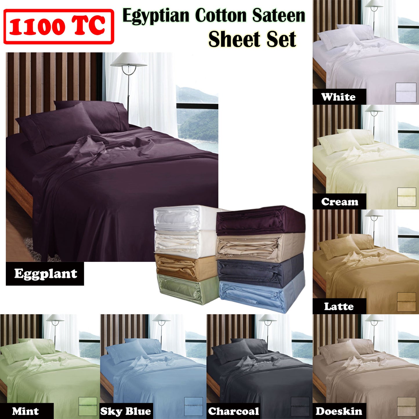 Ramesses 1100TC Egyptian Cotton Sateen Sheet Set Doeskin Queen