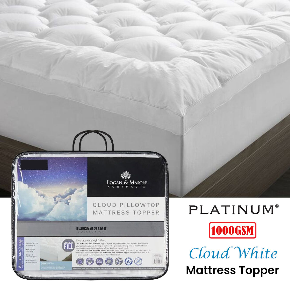 Platinum Collection 1000GSM Cloud White Mattress Topper Queen