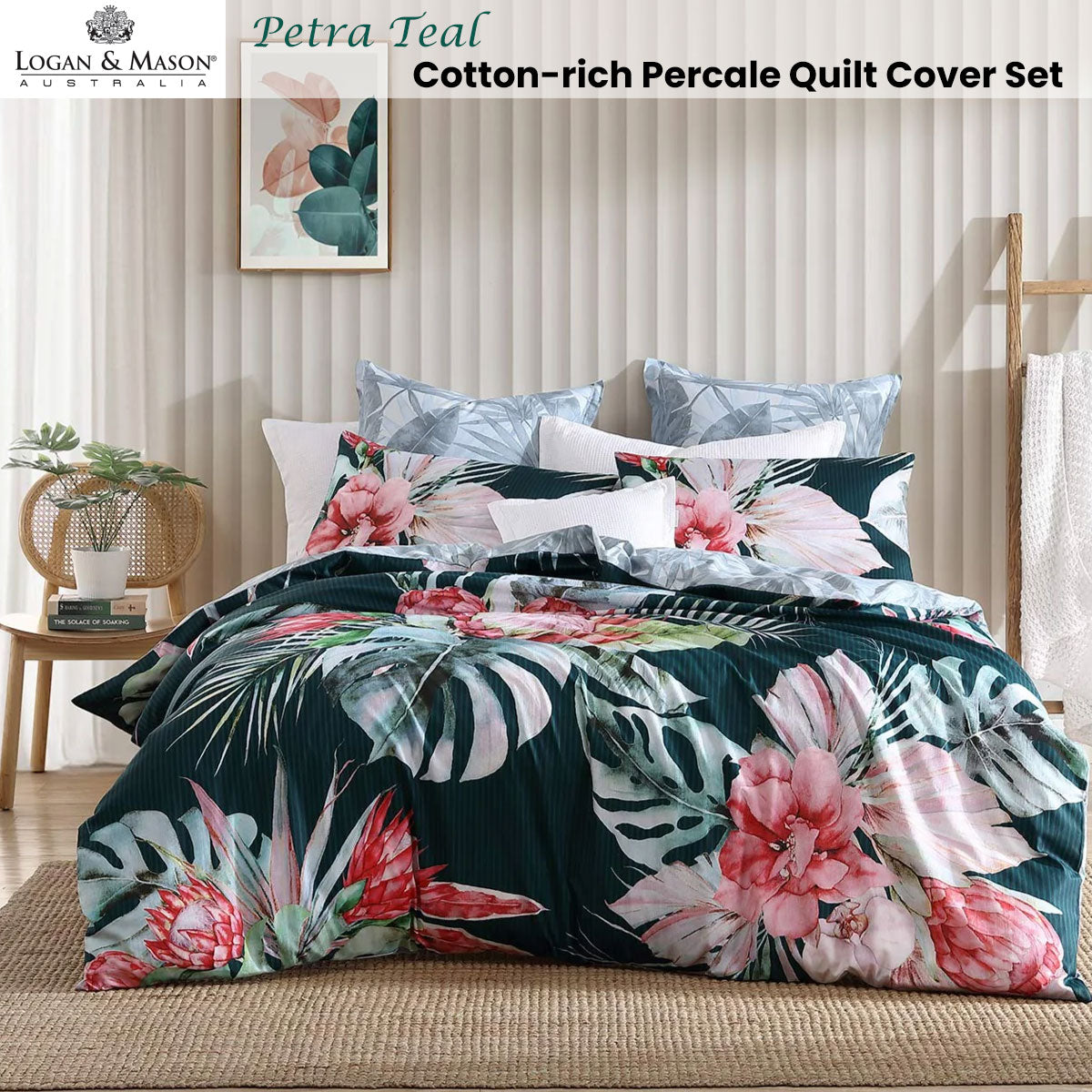 Logan and Mason Petra Teal Cotton-rich Percale Print Quilt Cover Set Super King